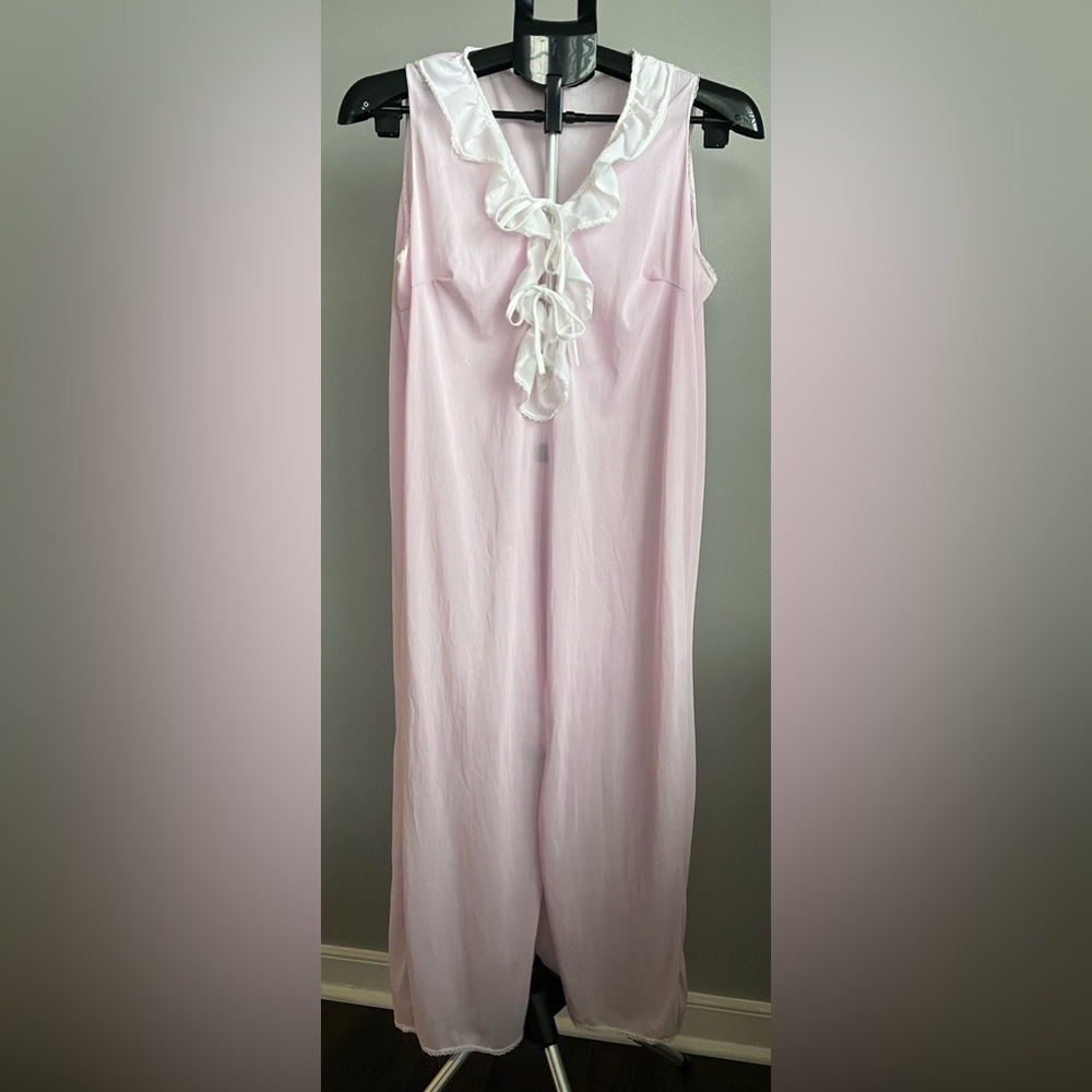 VTG Pink White Lace Ruffled Collar Long Nightgown Chemise Front Slit Sheer Large